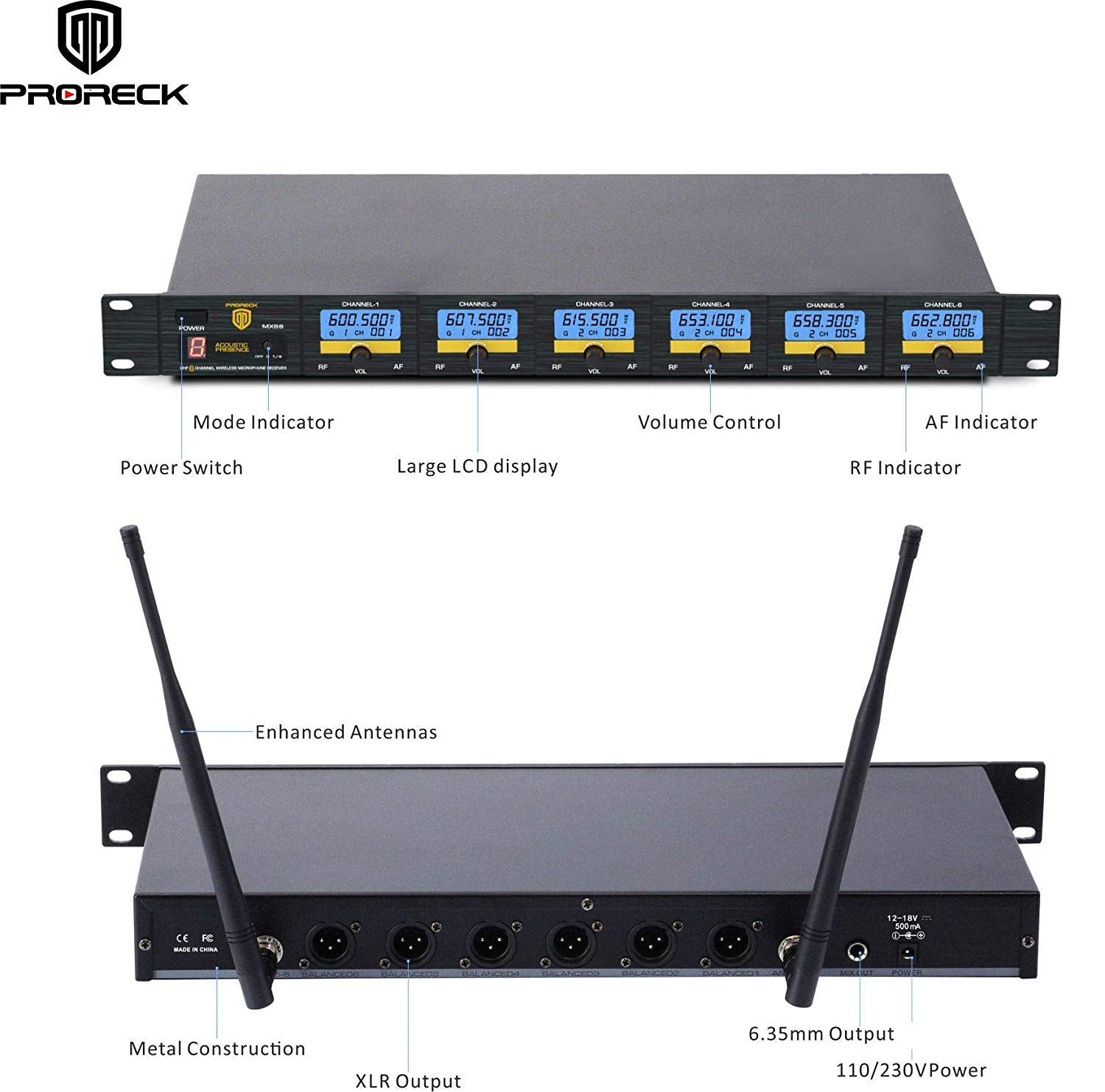 PRORECK MX66 6-Channel UHF Wireless Microphone System with 6 Hand-held Microphones Karaoke Machine for Party/Wedding/Church/Conf